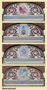 833240 Afbeelding (collage) van de vier reclameteksten in fantasie-oud-Nederlands, van de verffabrikant Stel boven de ...